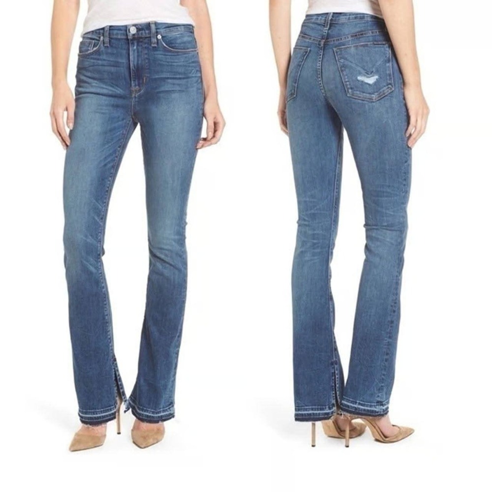 Hudson Jeans Women 26 Blue High Rise Bootcut Side Slit Raw Hem Distressed